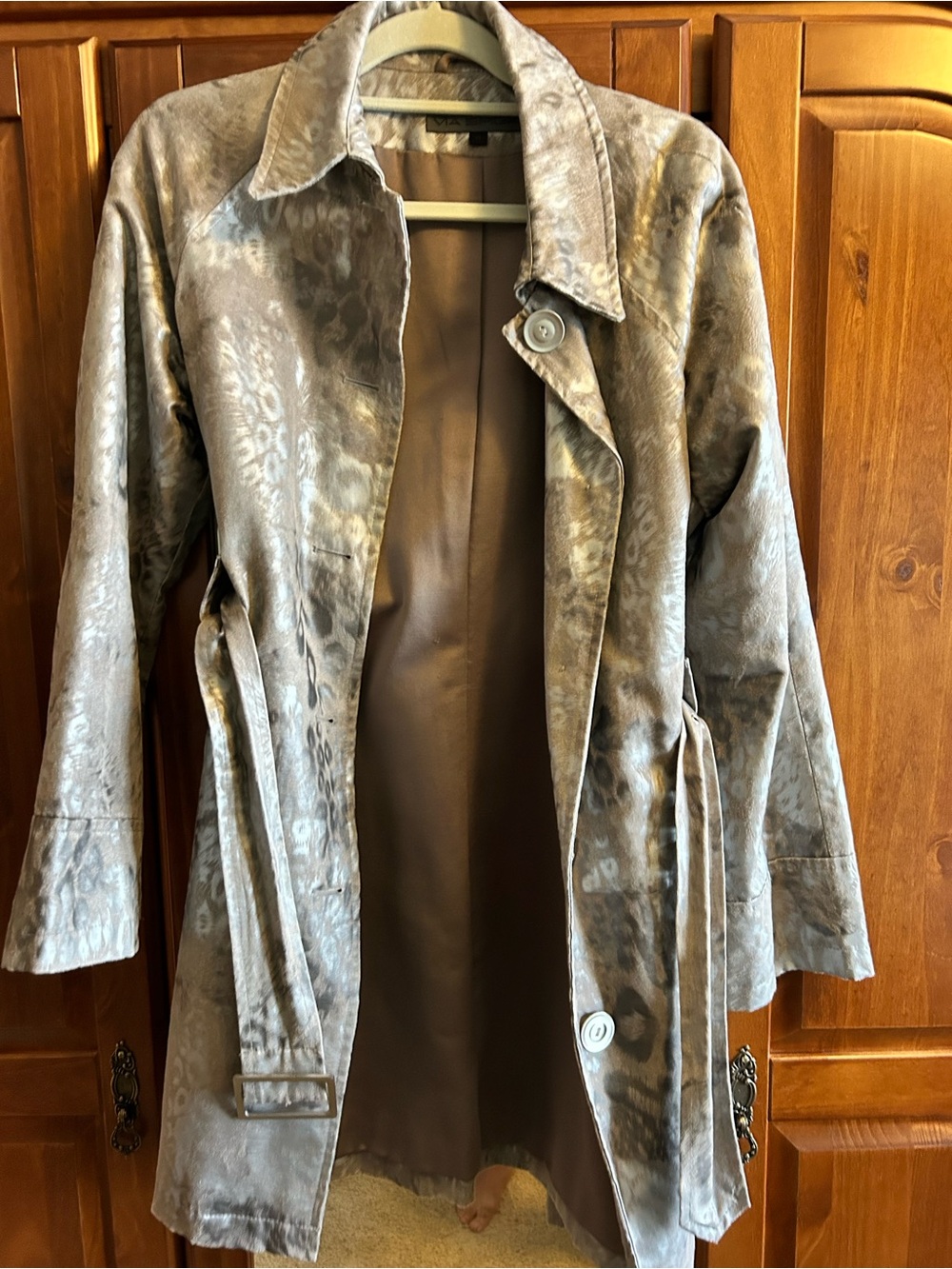 Via Spiga Taupe Gray Leopard-Print Trench Coat